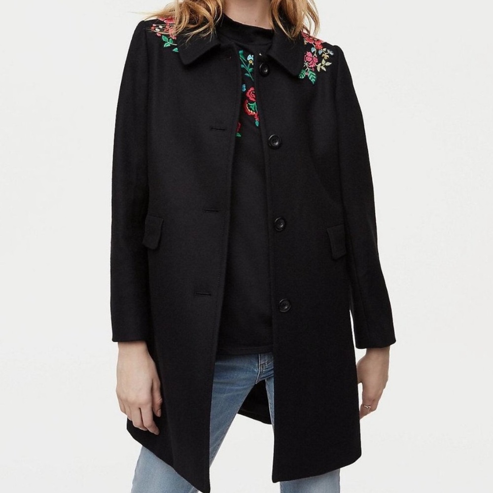 LOFT Black Wool Blend Floral Embroidered Peacoat